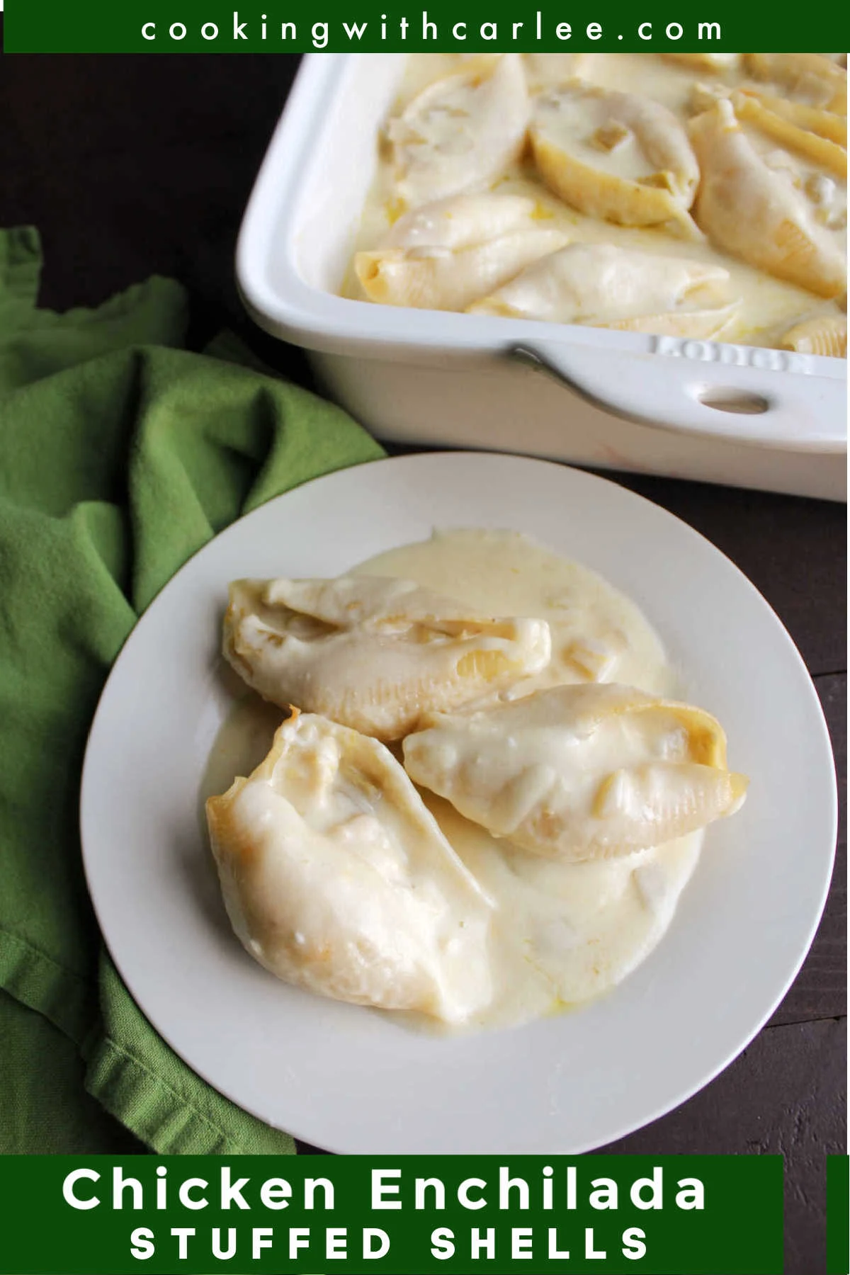 Cheesy chicken enchilada stuffed shells bathed in a white sour cream and cheese sauce are such a delicious and hearty meal. They are part Tex-Mex, part pasta and all amazing!