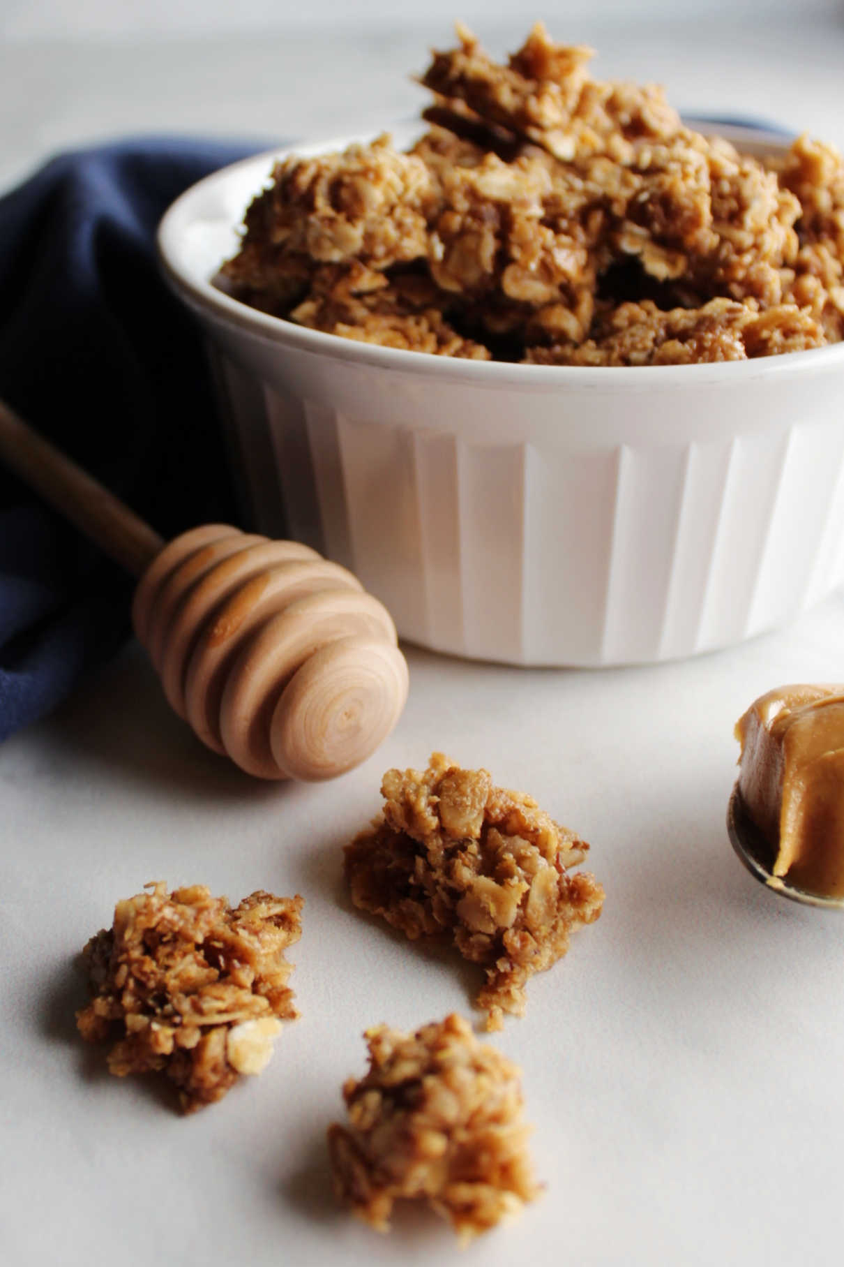 close up of large clusters of peanut butter granola.