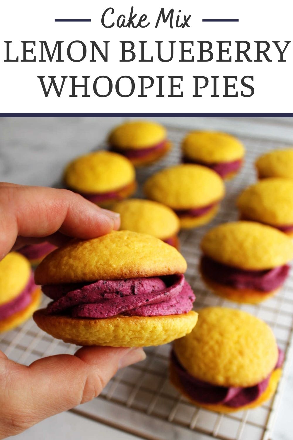 Soft lemon whoopie pies filled with bright blueberry buttercream are easy to make with the help of a cake mix. They are a perfect handheld treat for spring and summer.