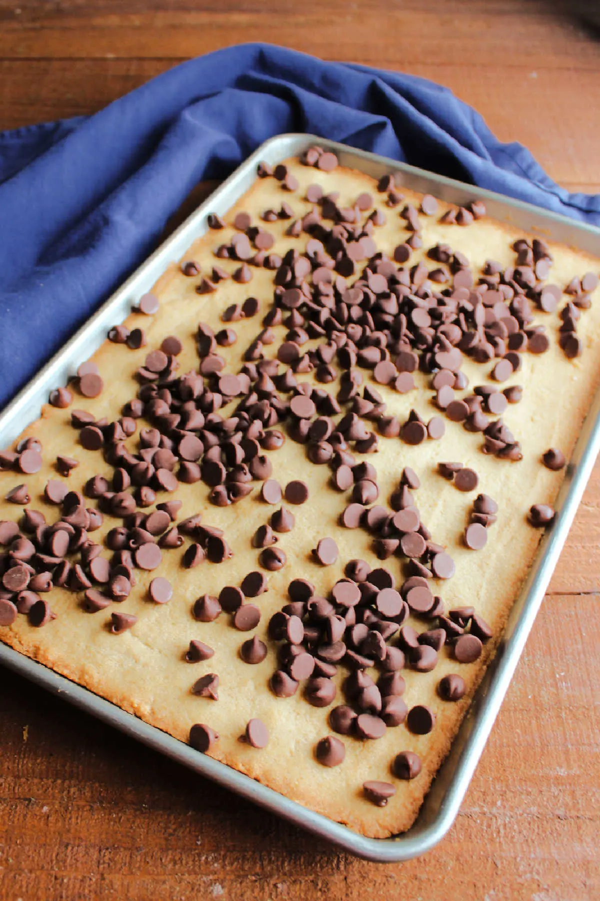 Fresh baked toffee cookie bars sprinkled with chocolate chips, waiting for them to melt.