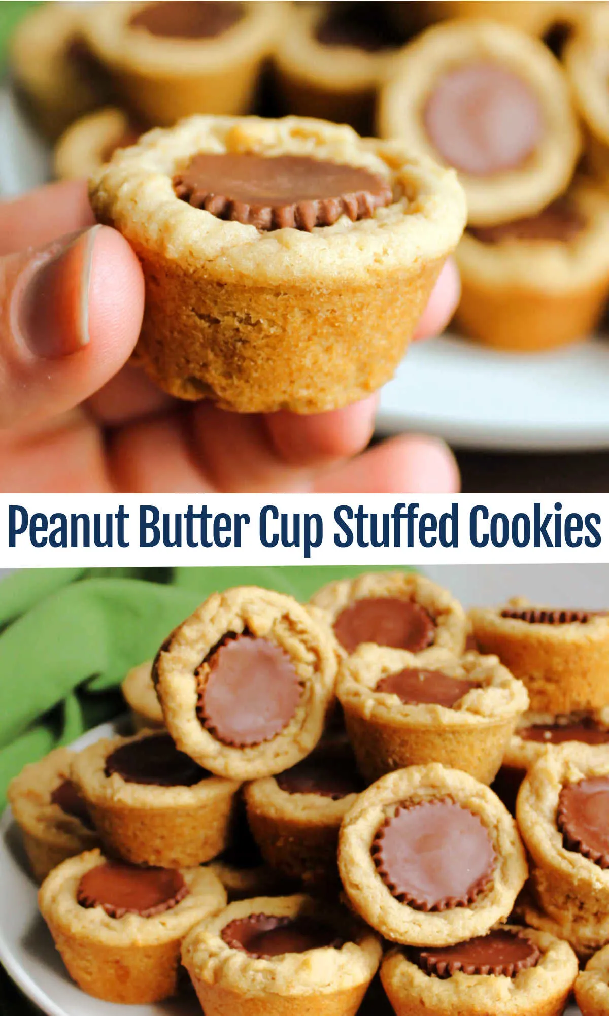 Chewy peanut butter cookies baked in a mini muffin tin and stuffed with a mini peanut butter cup are a perfect treat. They are right at home for any occasion from an after school snack to a Christmas cookie tray.