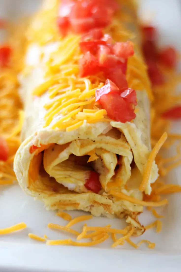 Spiraled omelet roll on plate with cheese and tomatoes.