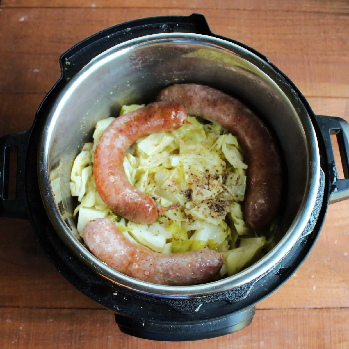 Cooked cabbage, sausage and potatoes in instant pot.