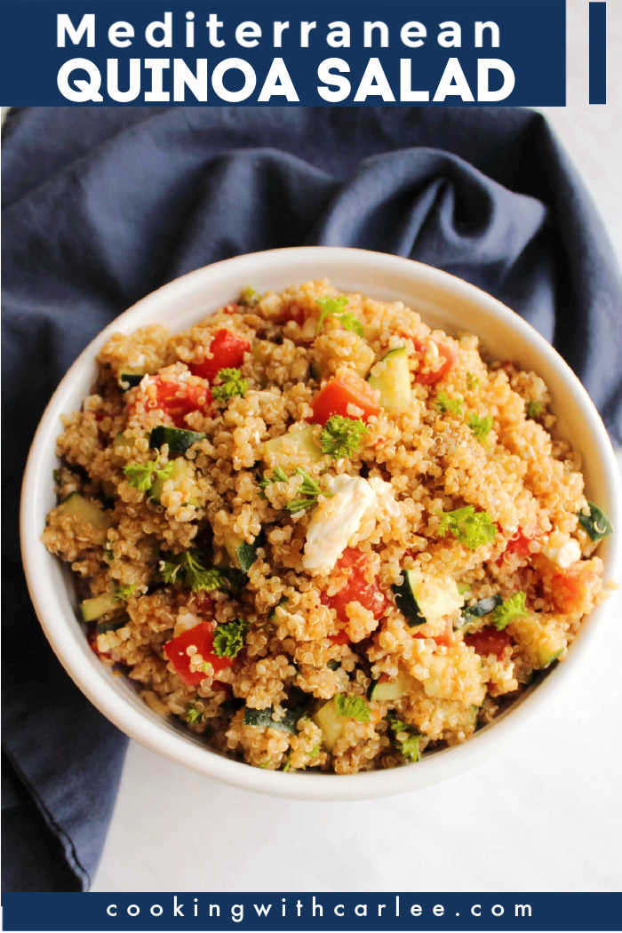 Mediterranean quinoa salad is simple to make and loaded with texture and flavor. It is a perfect summer side dish featuring fresh tomatoes and cucumbers.