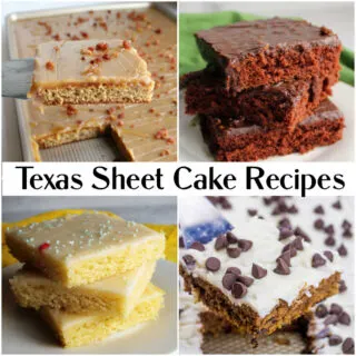 Collage of images with different kinds of Texas sheet cake.