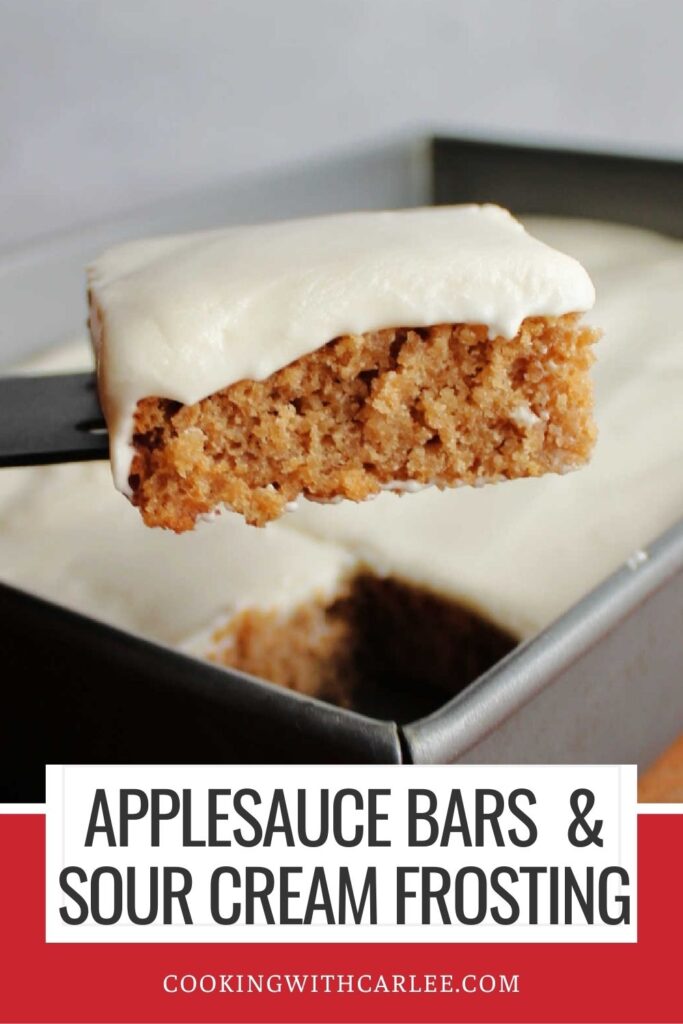 The moist cakey layer of these applesauce bars combine deliciously with the soft creamy sour cream frosting. They are flavorful and autumnal with their cinnamon and apple notes.