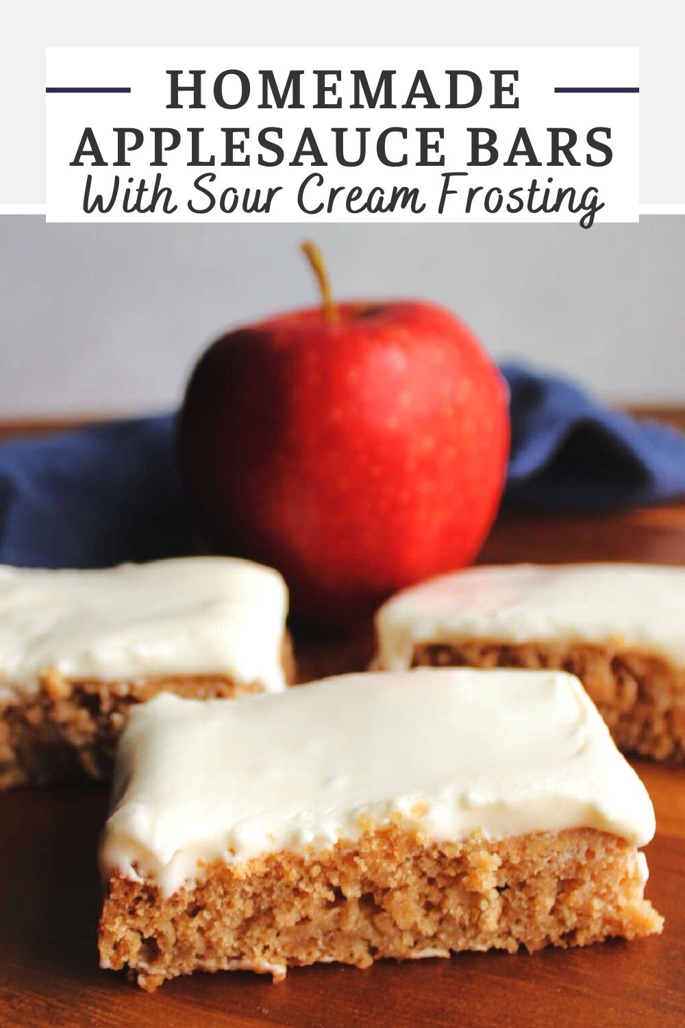 The moist cakey layer of these applesauce bars combines deliciously with the soft creamy sour cream frosting. They are flavorful and autumnal with their cinnamon and apple notes. 