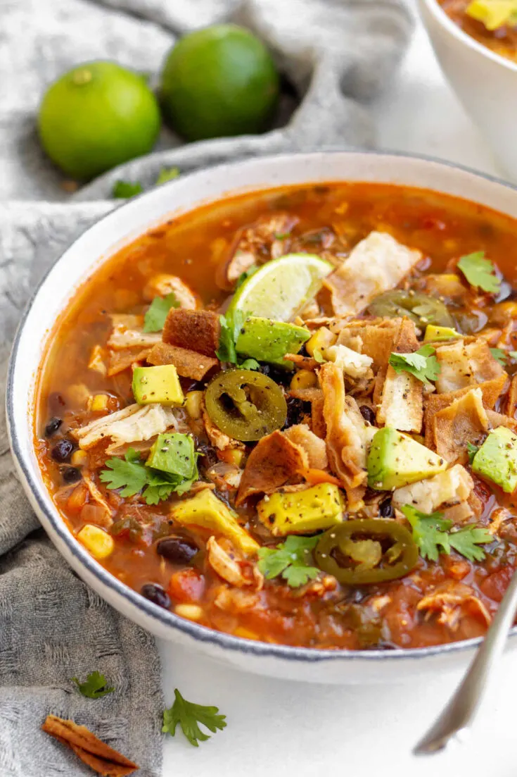 Bowl of chicken tortilla soup ready to eat.
