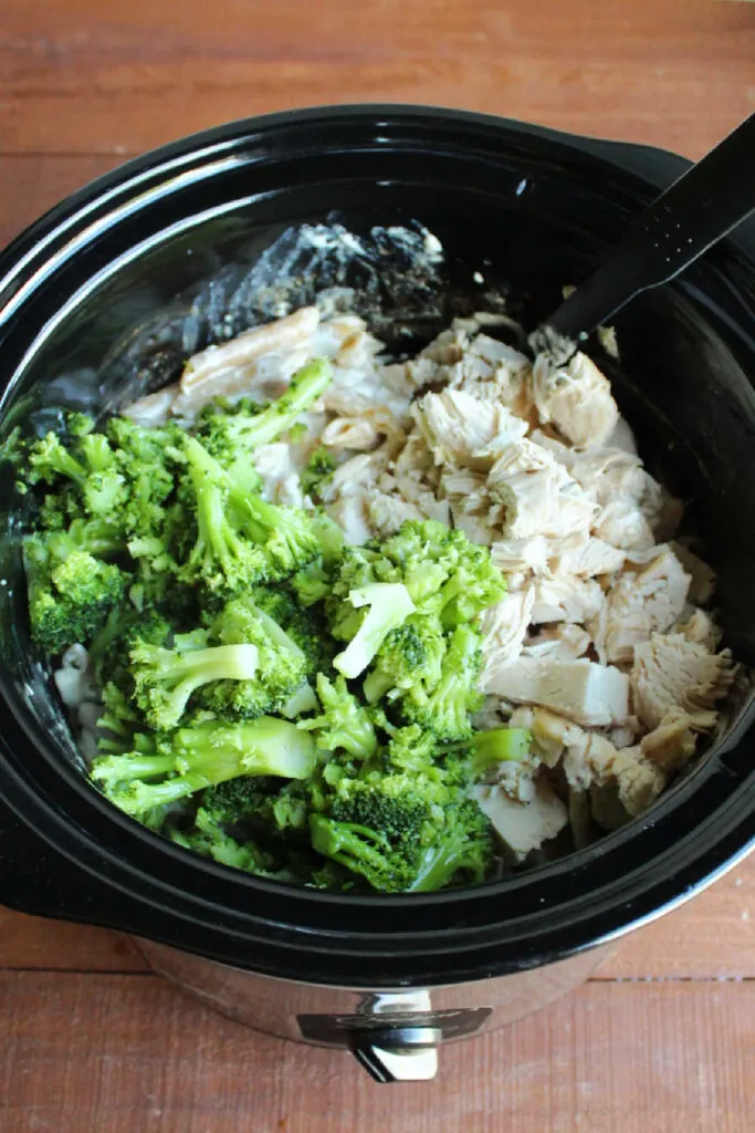 Chicken and broccoli added to crock pot of cooked creamy pasta.