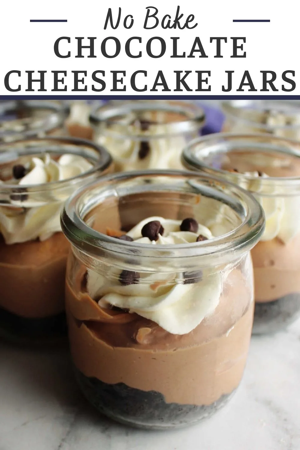 Smooth creamy no bake chocolate cheesecake jars are perfect single serve desserts for parties and picnics. They are easy to make and don't heat up the kitchen.