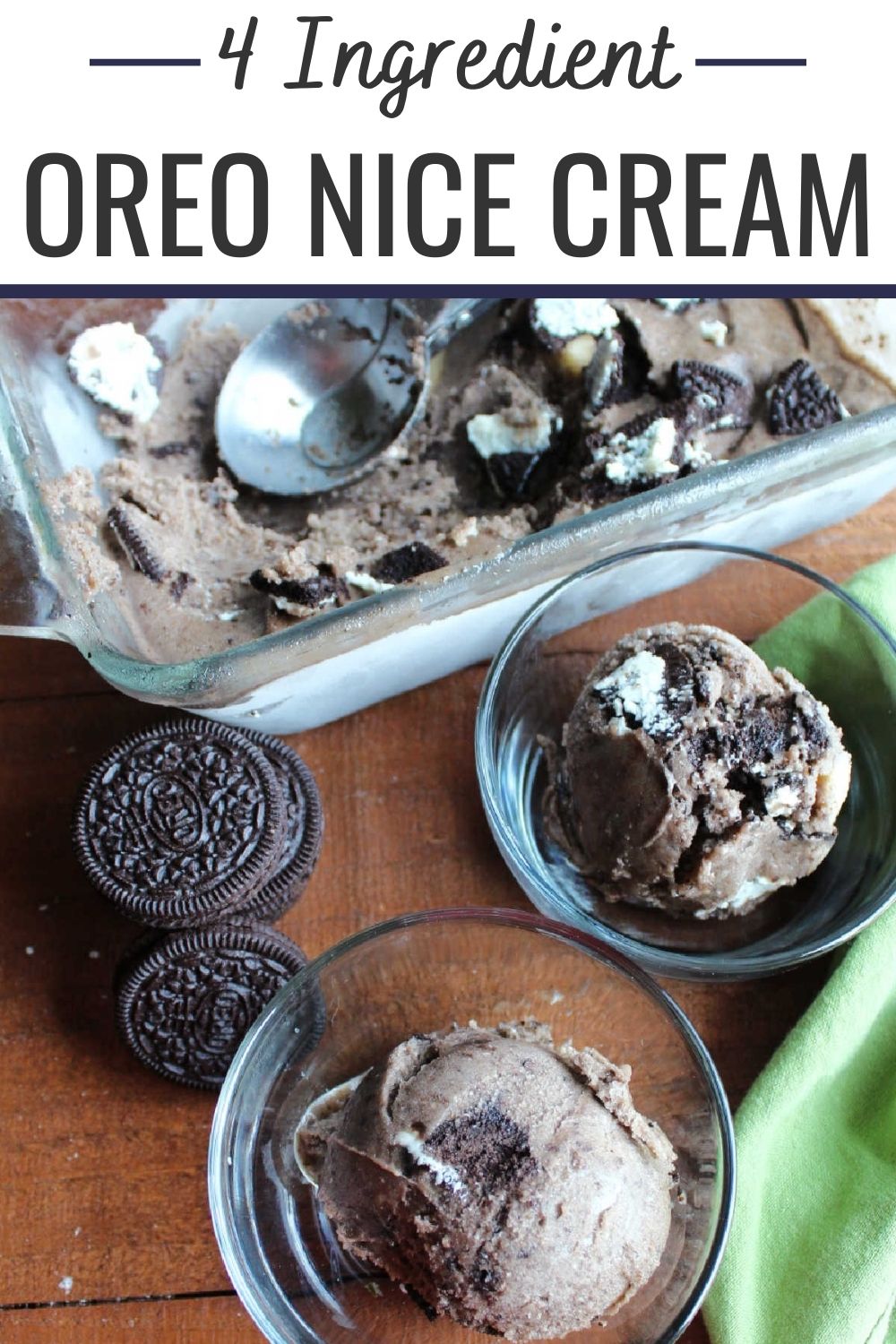 Make this 4 ingredient Oreo banana nice cream for a cool and creamy treat. It uses ripe bananas to make a creamy cookies and cream ice cream that is much healthier.