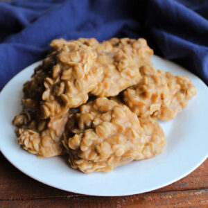 Close plate of no bake peanut butter cookies with oatmeal, ready to eat.