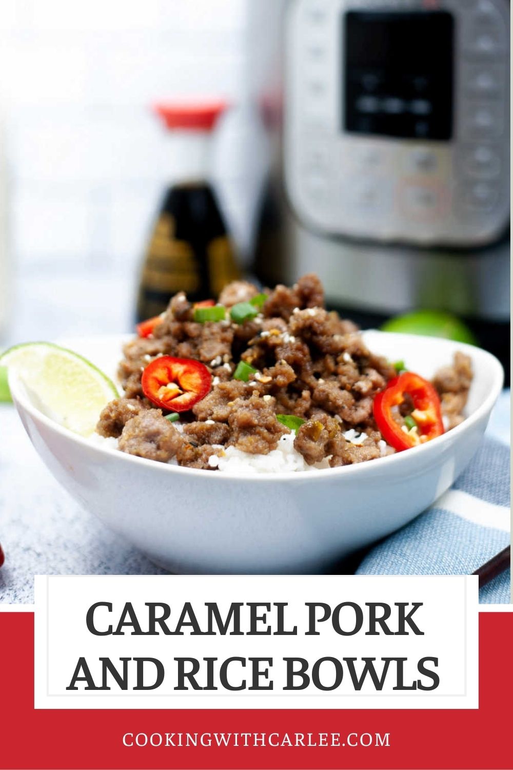 This pork is slightly sweet and a little bit spicy. You can make these caramel pork and rice bowls in the instant pot for a quick and easy meal!