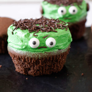 Chocolate cupcake decorated like Frankenstein for Halloween.