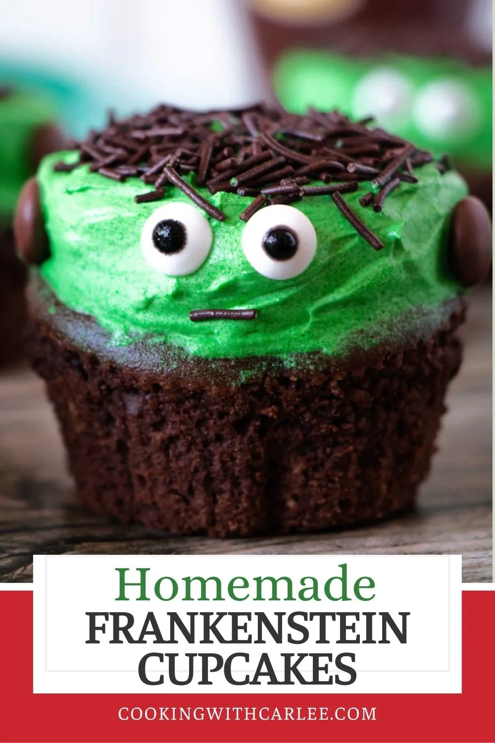 Frankenstein cupcakes are such a cute Halloween treat. Whip up a super easy batch of homemade chocolate cupcakes and green buttercream. Then with just a couple of minutes of no skill required decorating, you can have a fun dessert. 