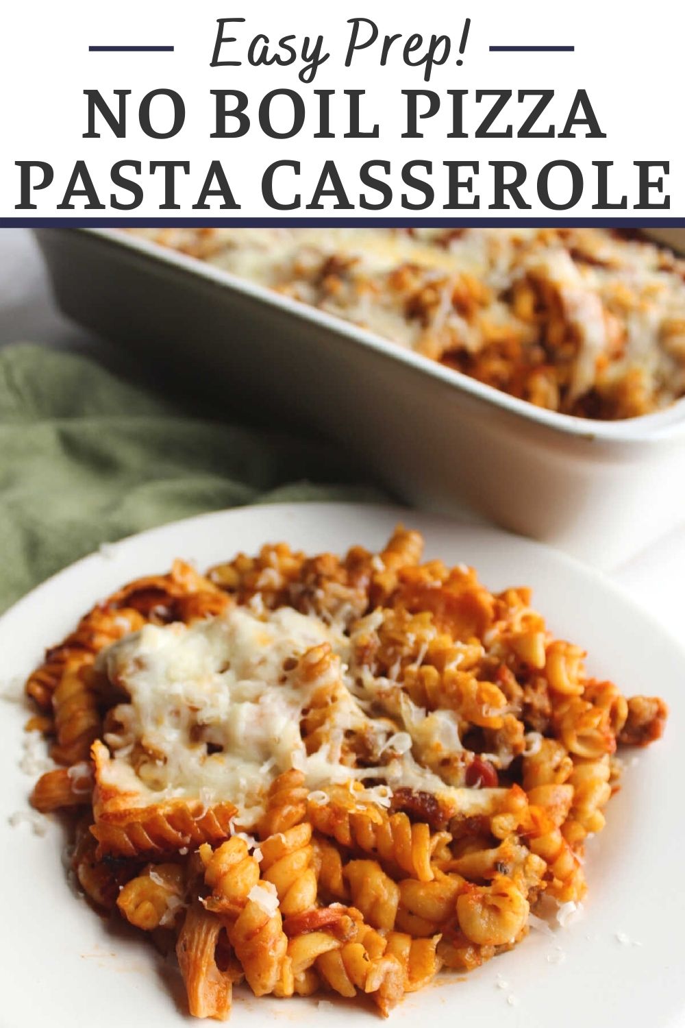 No boil pizza pasta casserole combines all of your favorite pizza toppings with the comfort of baked pasta. The best part is you don't even have to boil the noodles first, so assembly is quick and easy.