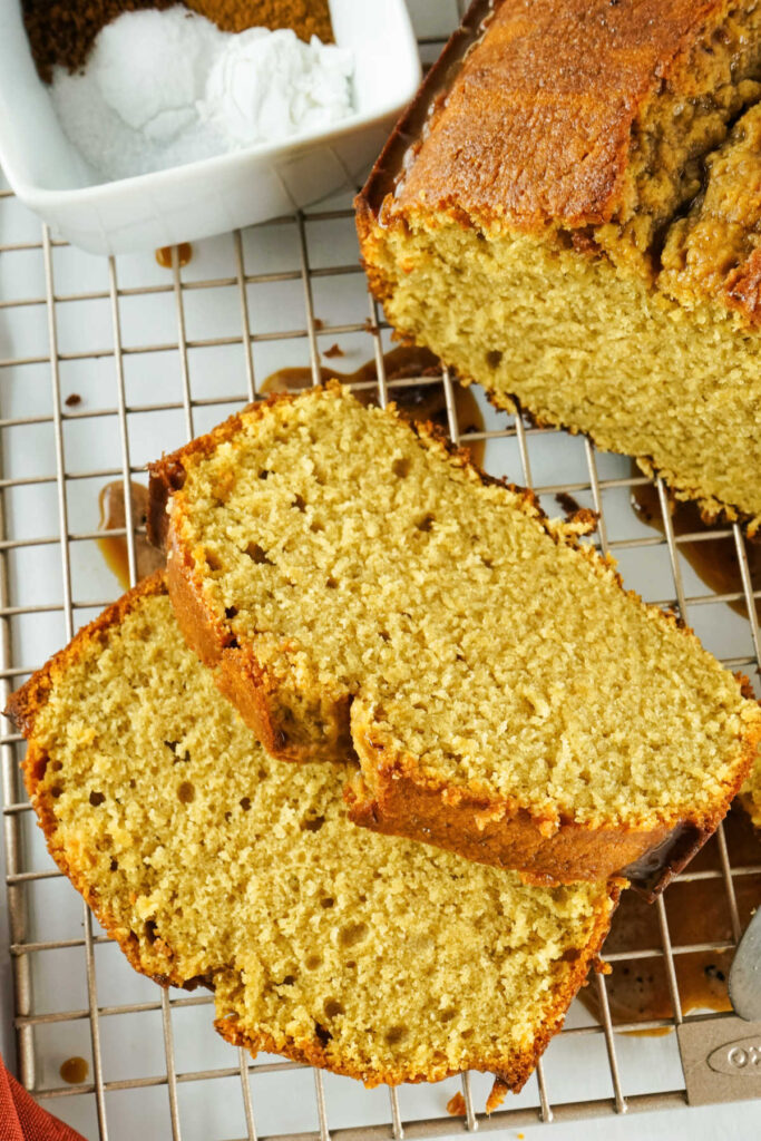 Close up of slices of pound cake showing their dense moist texture.