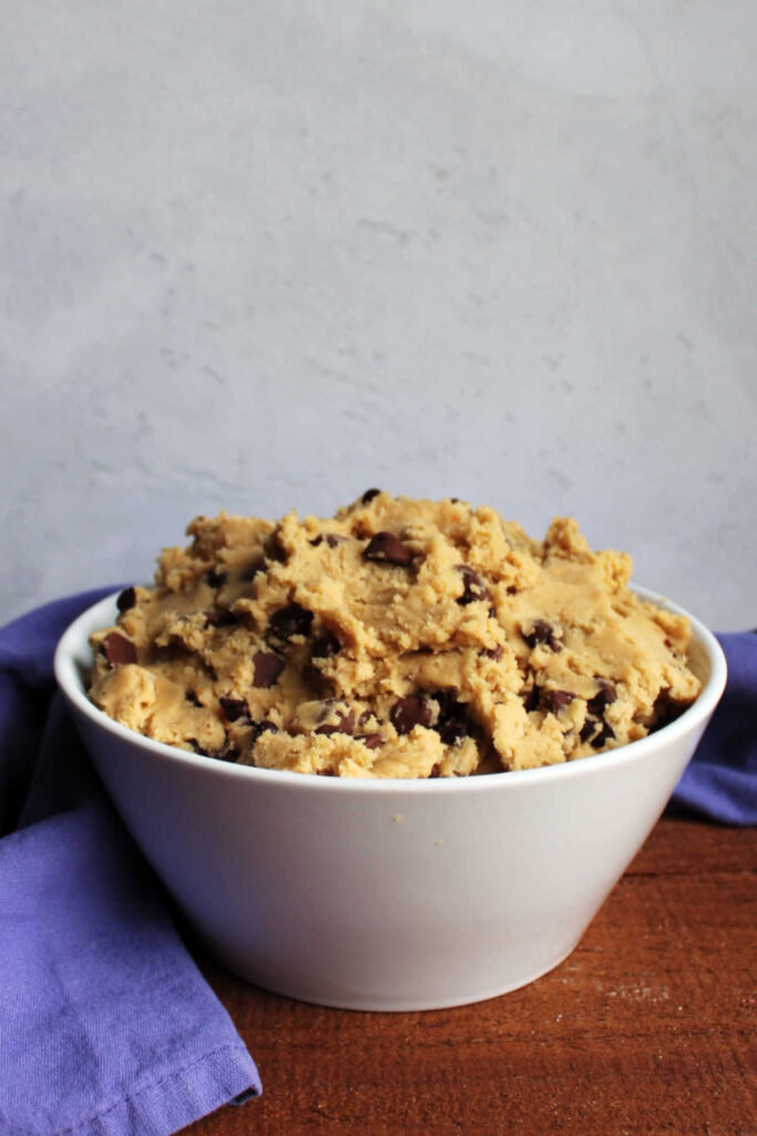 White bowl piled high with cookie dough dip