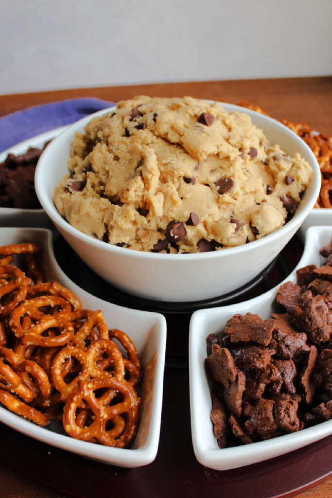 Chocolate chip cookie dough dip ready to be served.
