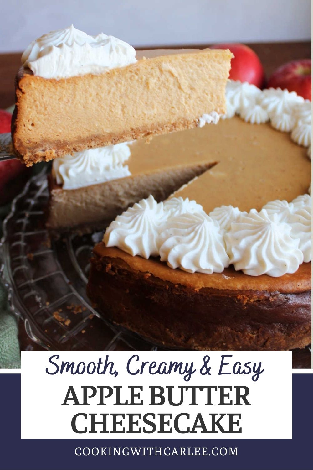 Apple butter cheesecake is creamy and delicious. It has just a hint of spice, a great apple flavor and beautiful texture.