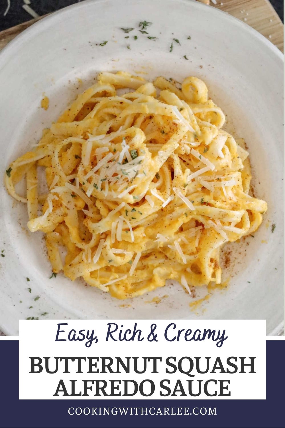 Creamy butternut squash alfredo sauce has all of the cheesy richness you would expect in a good Alfredo with a lighter twist. The butternut squash brings great color and a little bit of a sweet and earthy undertone that makes it extra delicious.