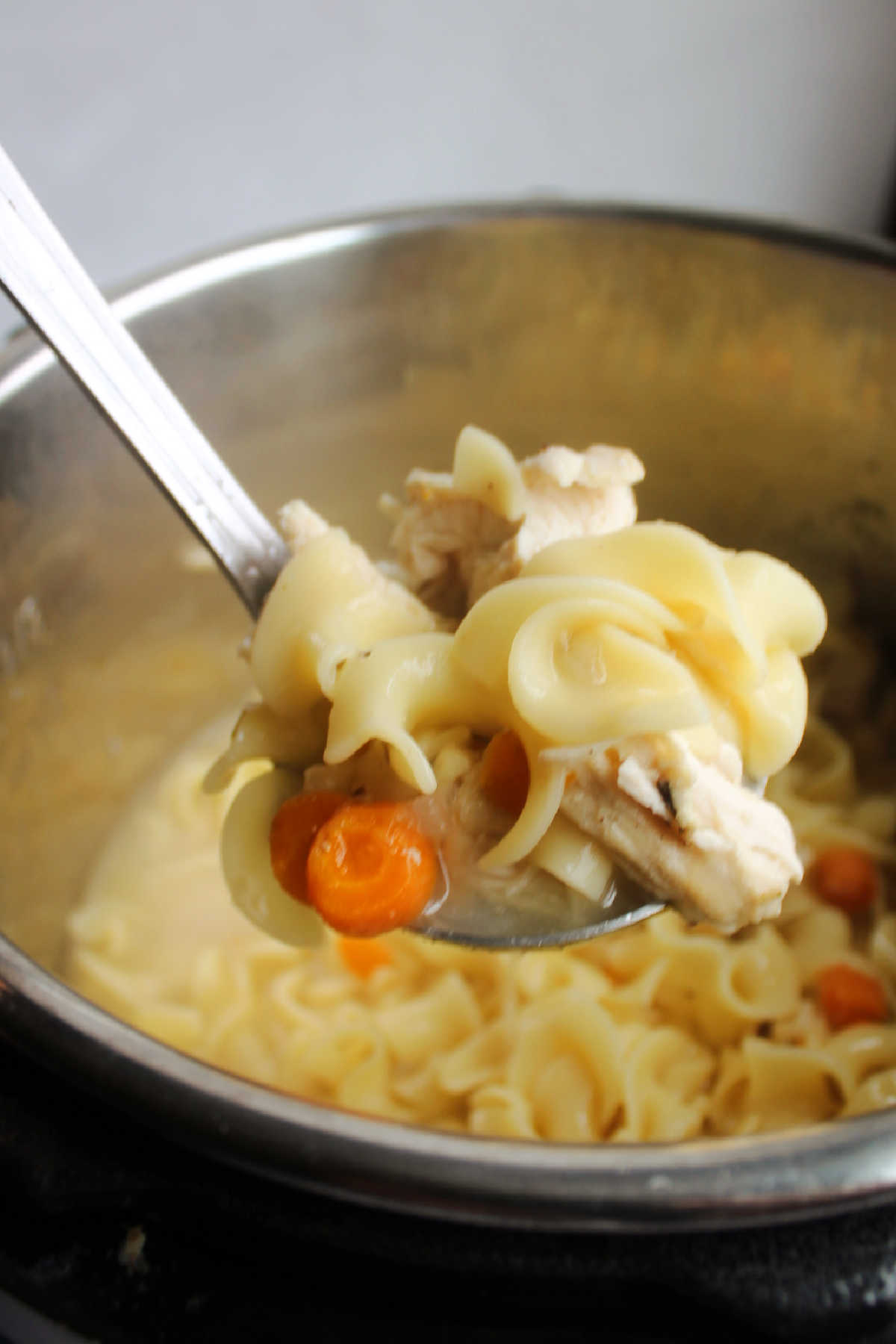 Ladle filled with homemade chicken noodle soup over pressure cooker.