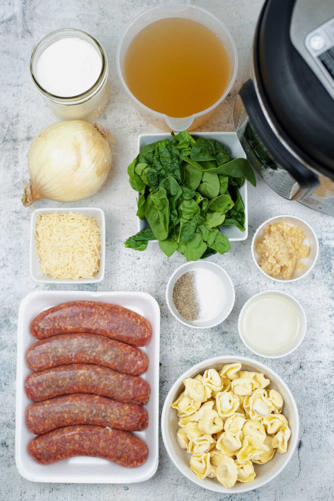 Ingredients ready to be made into easy creamy tortellini soup.
