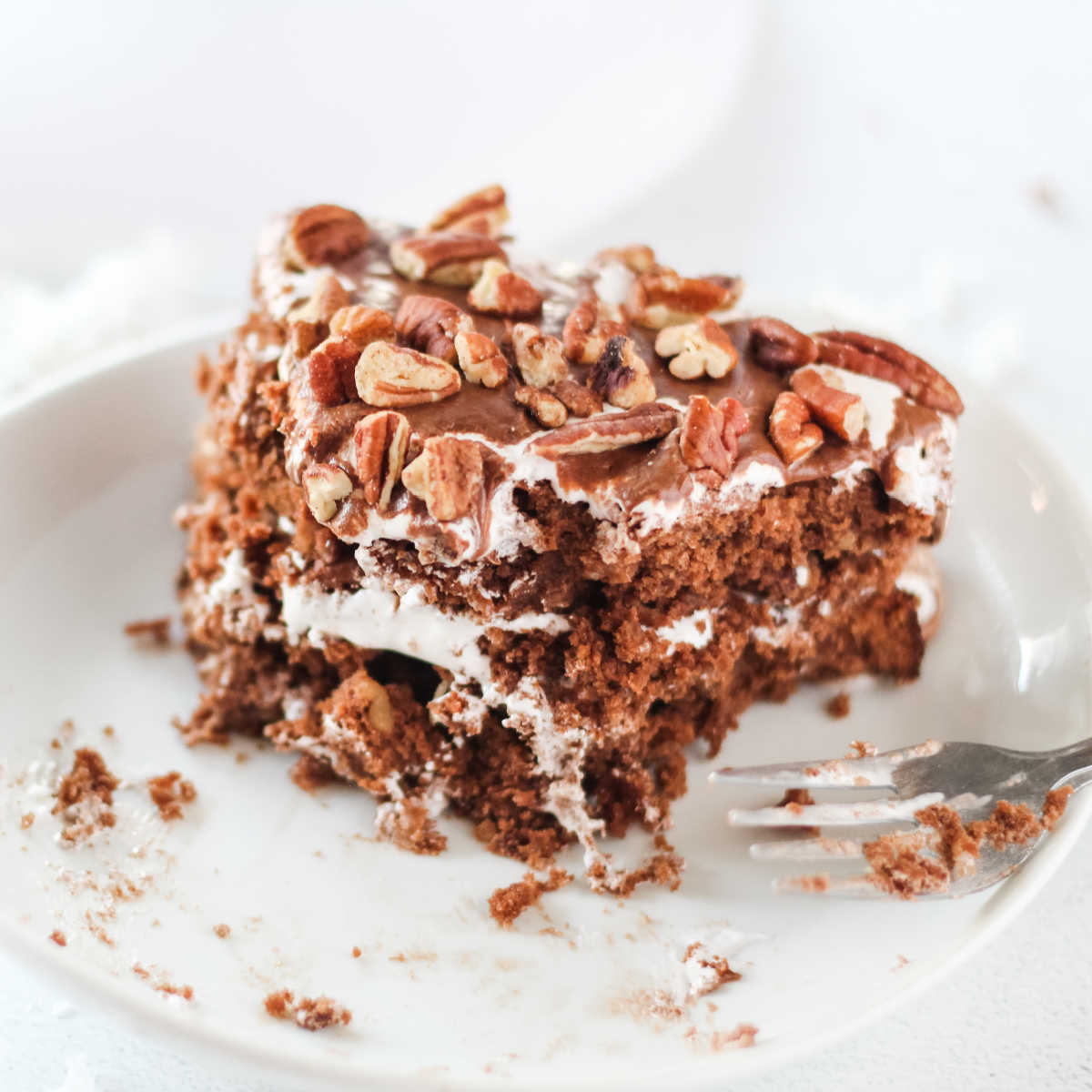 Bite out of mudslide cake with chocolate, marshmallow fluff, pecans and coconut.