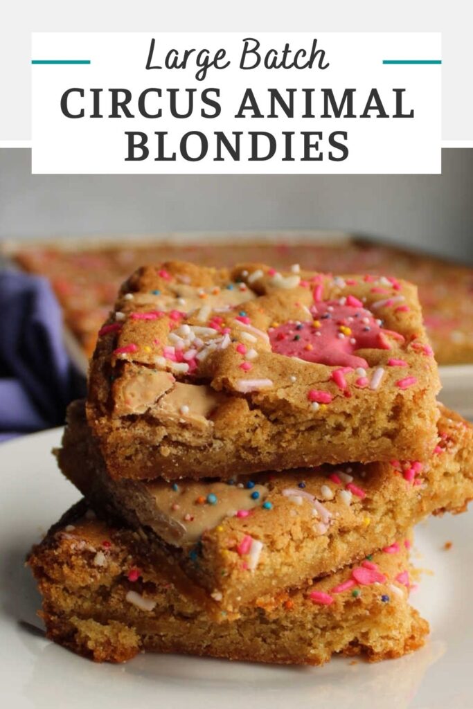 Circus animal blondies have frosted animal crackers and extra sprinkles baked right inside. The yummy brown sugar blondies are really easy to make and look like a party. They are a perfect fun dessert for a large group or party.