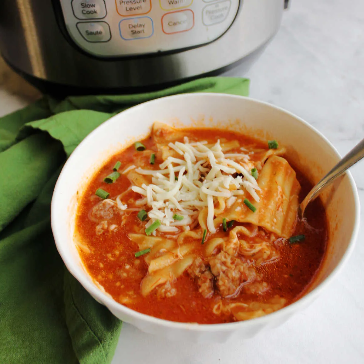 Bowl of lasagna soup topped with cheese and chives in front of instant pot.