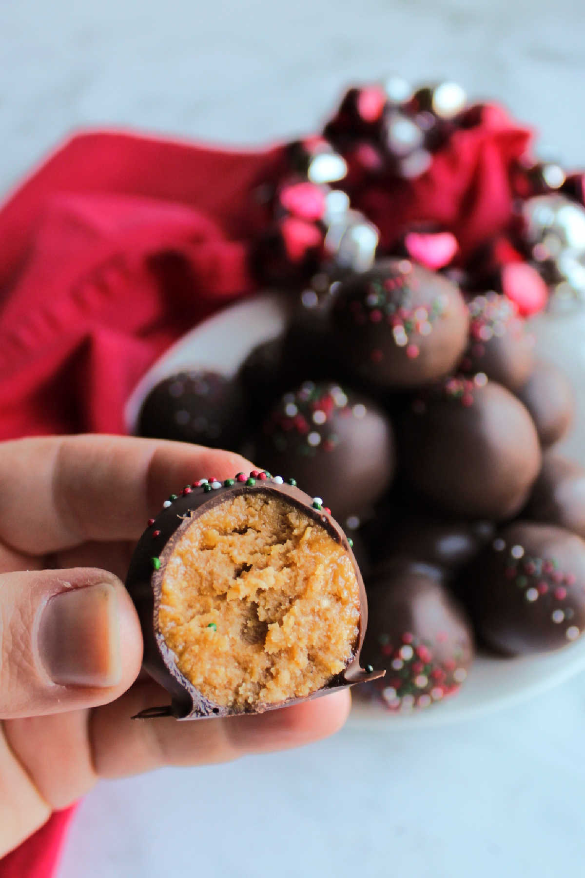 Hand holding a chocolate dipped peanut butter cookie truffle with peanut butter center showing.