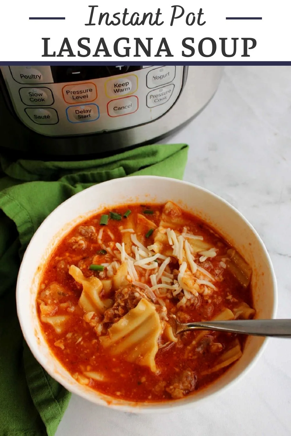 Lasagna soup is quick and easy to make with the help of an instant pot. It has all of the yummy flavors of lasagna but in a hot steaming bowl of soup comfort.