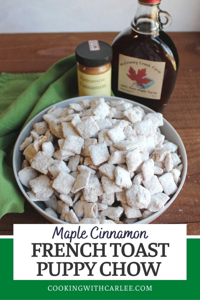 French toast puppy chow is a tasty sweet maple cinnamon snack mix that is perfect for munching. Like most muddy buddies style recipes, it is super easy and quick to make and tastes amazing.