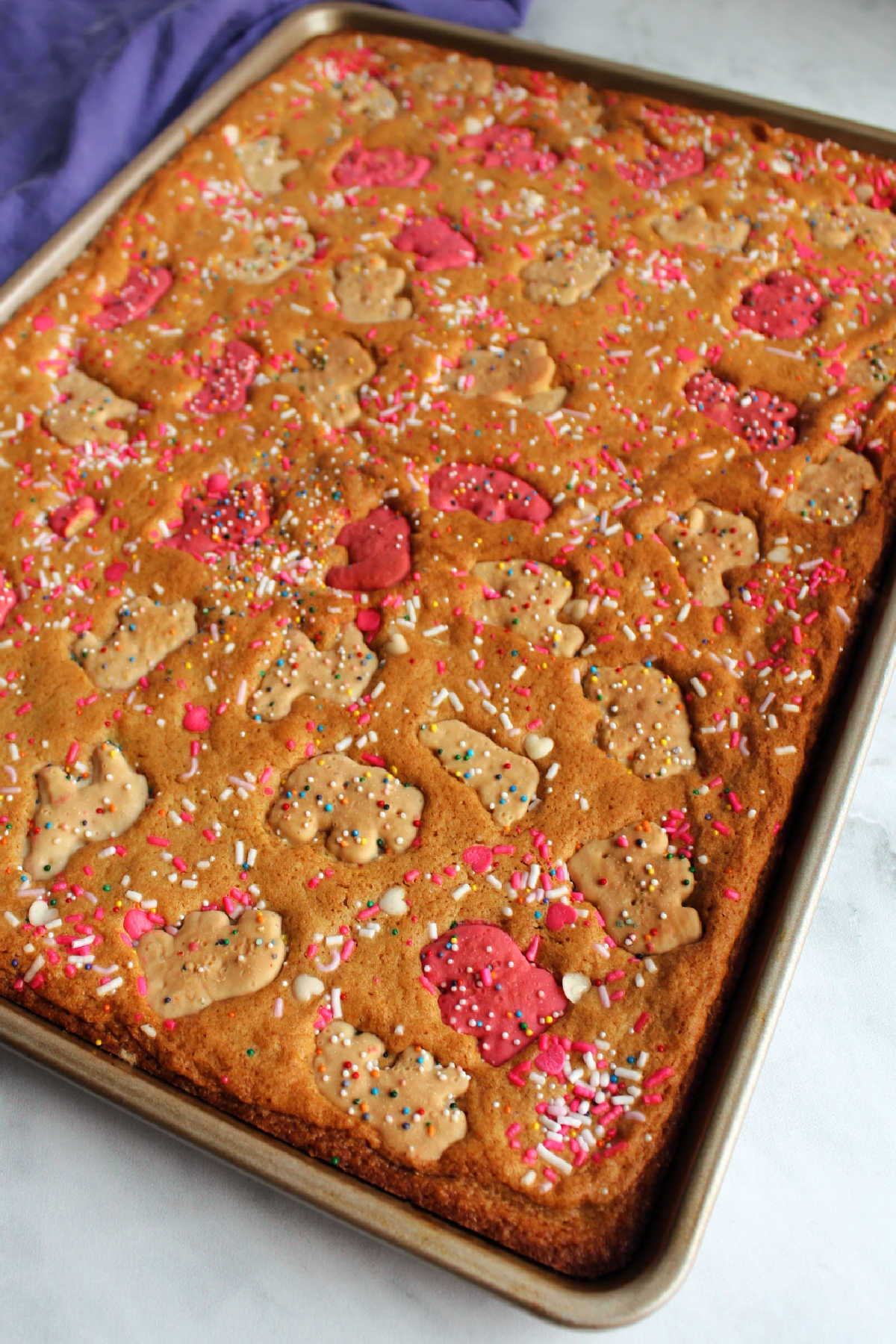 Tray of circus animal blondies fresh from the oven. 