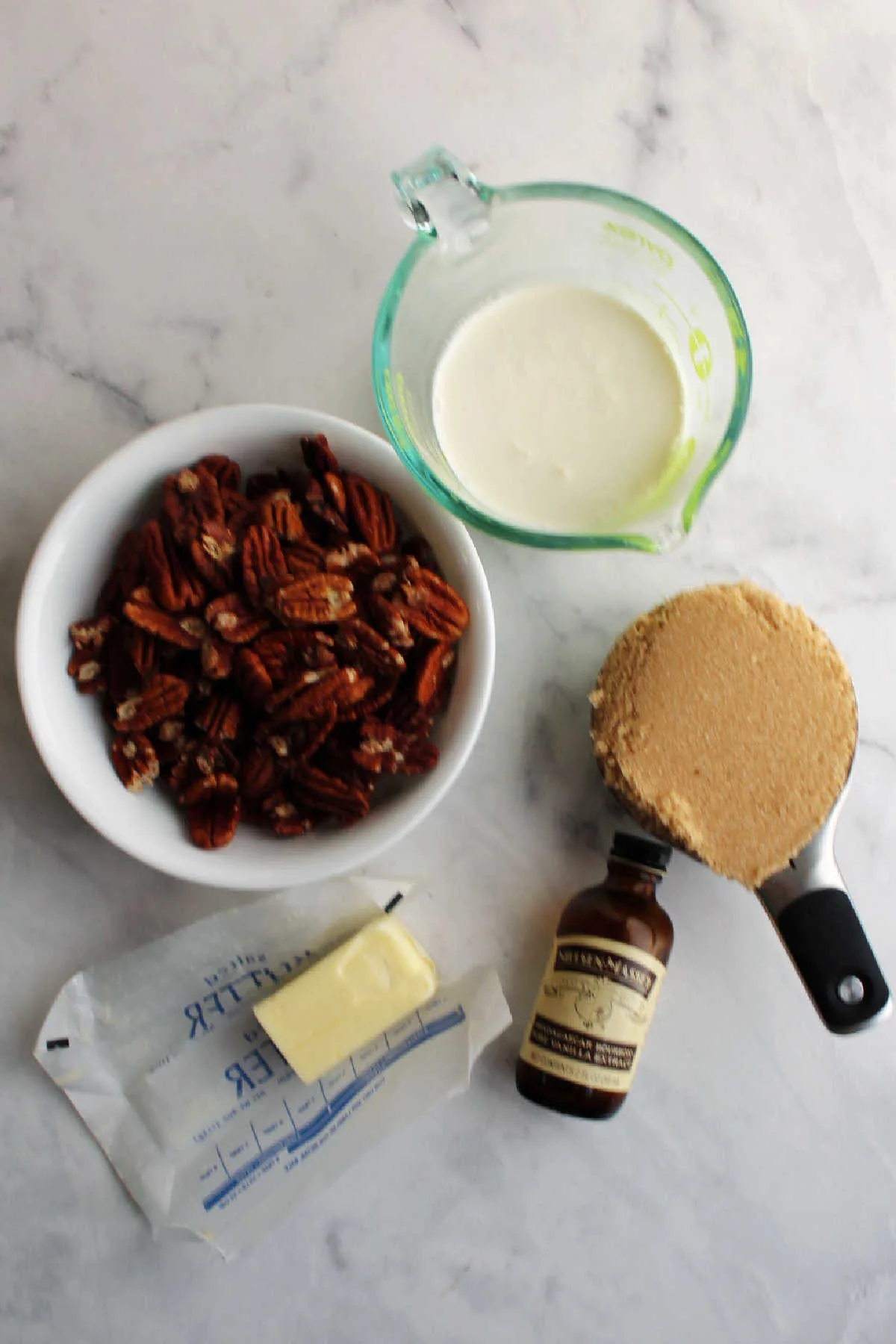 Ingredients for pecan pie swirl in cheesecake