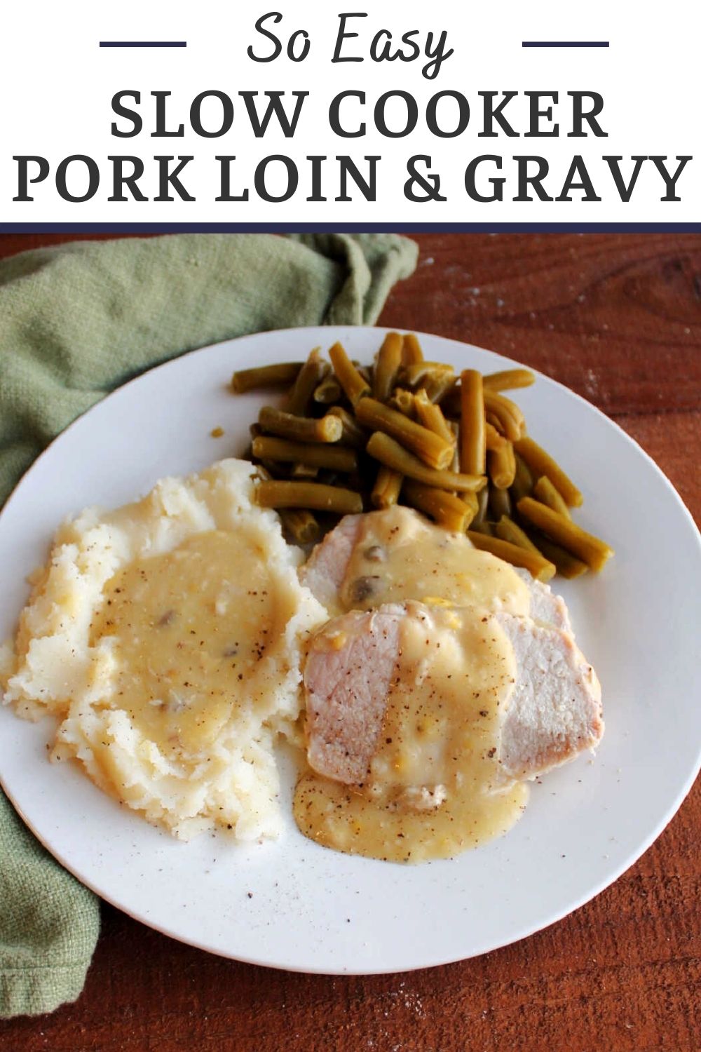 Slow cooker pork loin with creamy gravy is such an easy and comforting dinner option. It cooks while you are busy living your life and is tender and tasty when you are ready to eat.