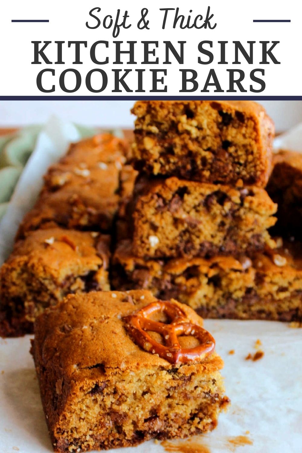 Kitchen sink cookie bars are soft, thick and loaded with goodies. There is chocolate, caramel and pretzels mixed into this bar making it like the Panera cookie only better!