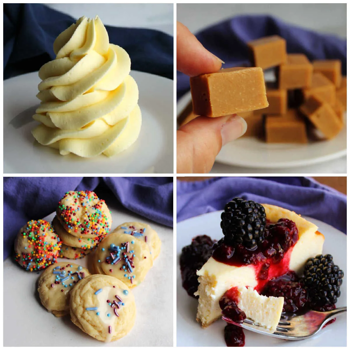 Collage of images depicting frosting, fudge, cookies and cheesecake all made with sweetened condensed milk as an ingredient.