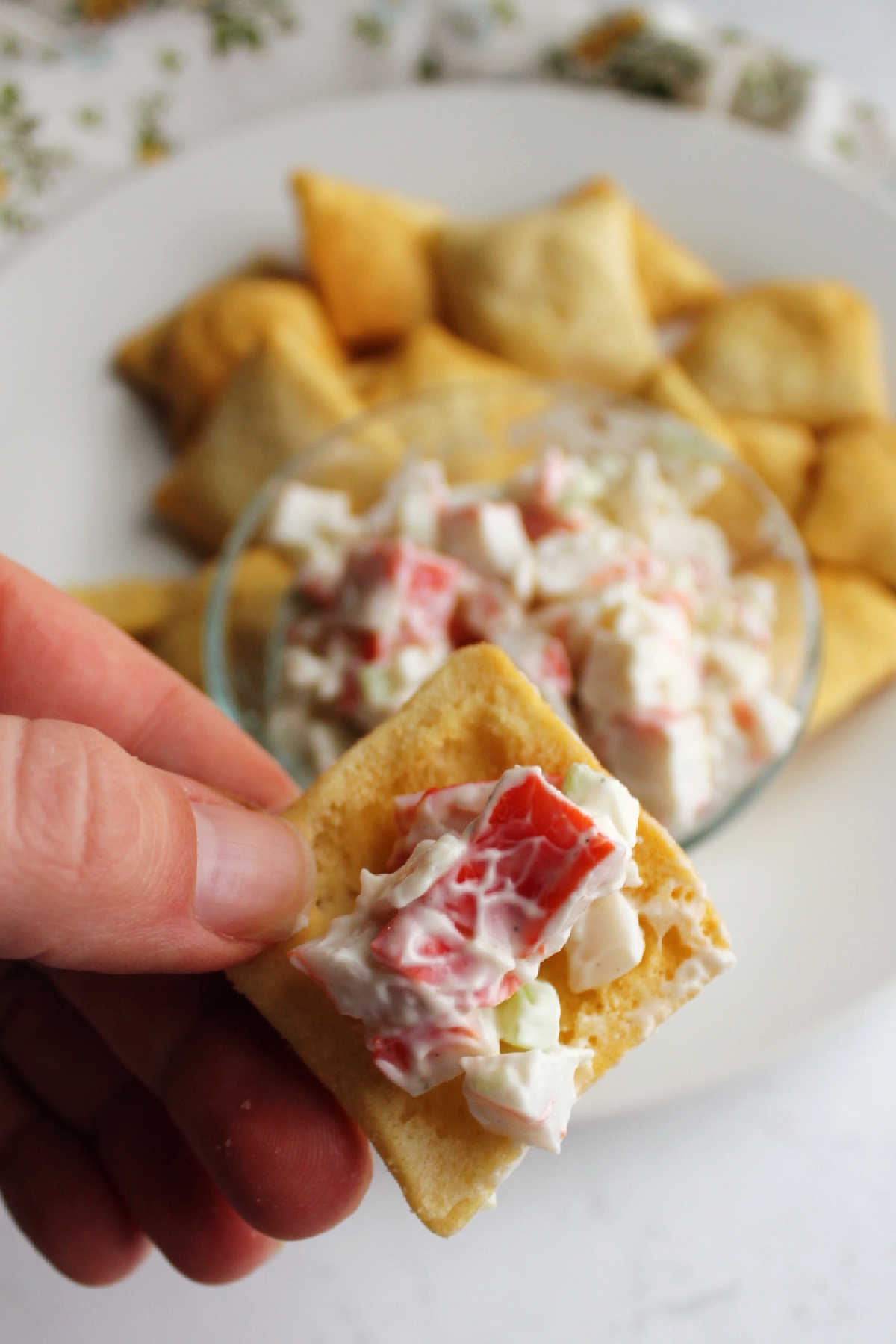 Hand holding pita chip with pink and white crab salad on top.