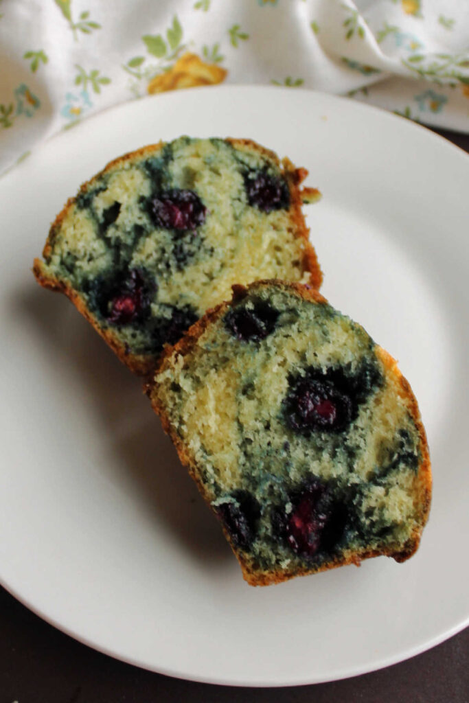 Inside of blueberry muffin.