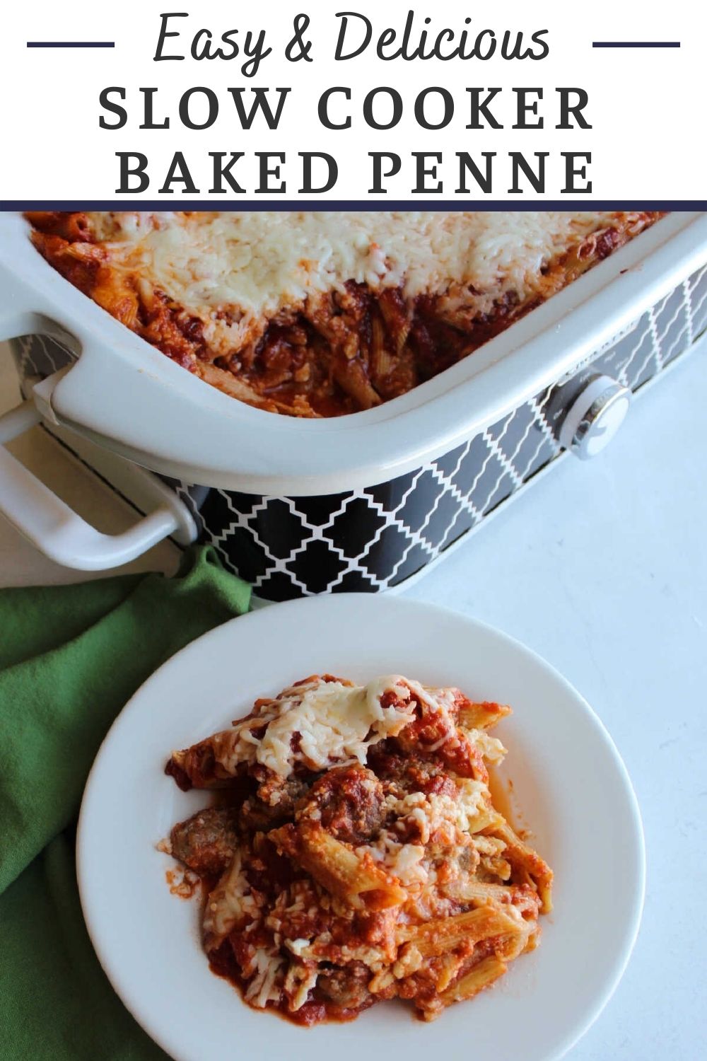 Slow cooker baked pasta is such an easy family friendly dinner idea. You don't even have to boil the boil the pasta first, just layer it in and let it cook to cheesy perfection.