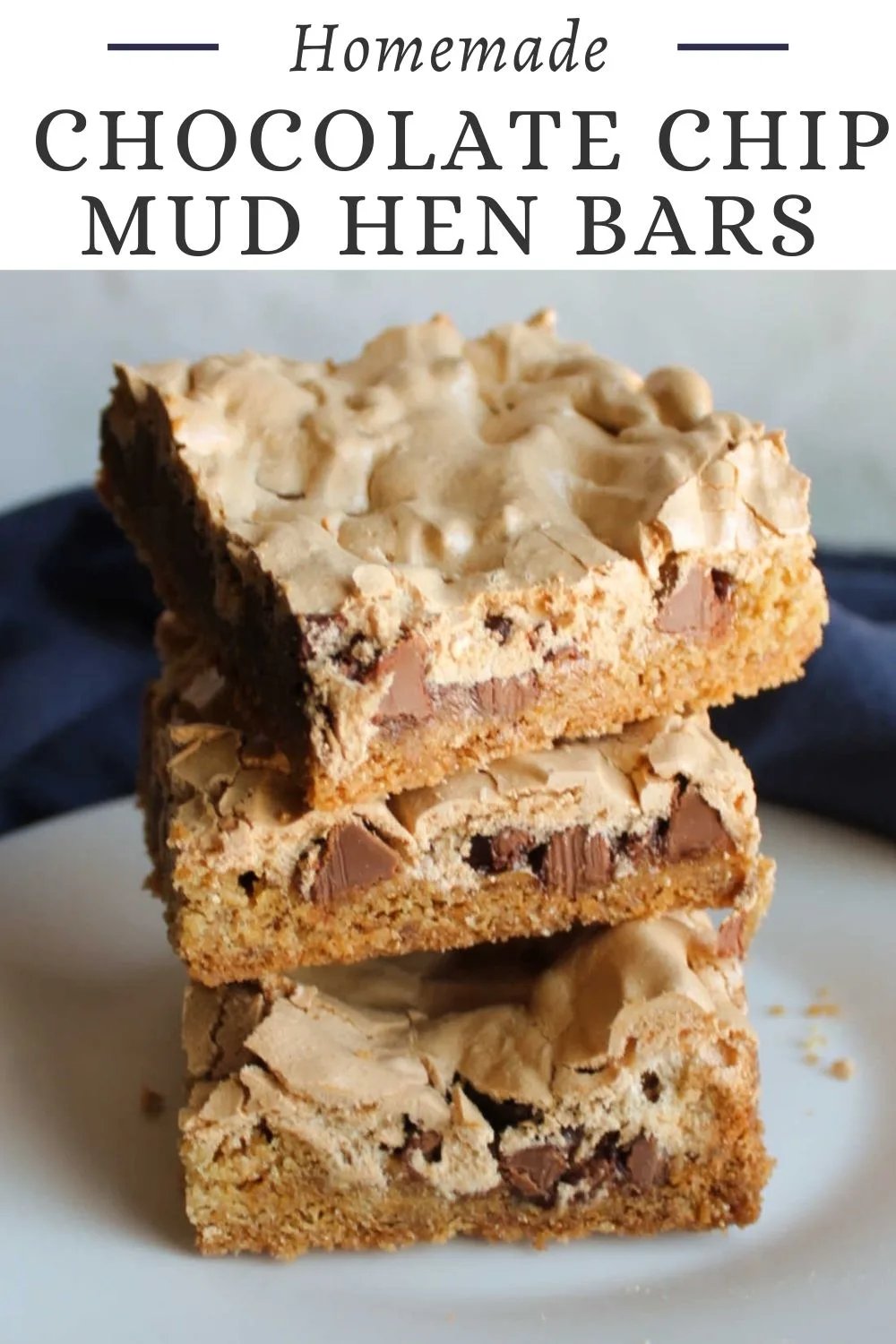 Mud hen bars are built on a shortbread style cookie crust topped with chocolate chips and brown sugar meringue. The results are a delicious dessert that has the perfect combination of flavors and textures.