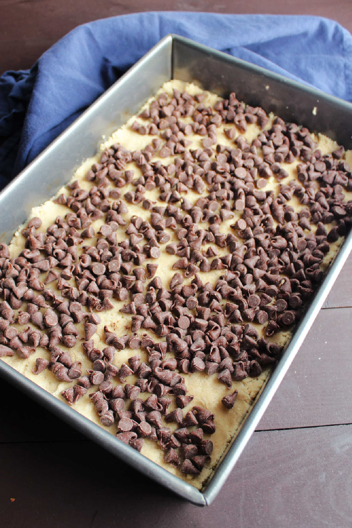 Cookie dough pressed into 9x13 inch pan and topped with chocolate chips.