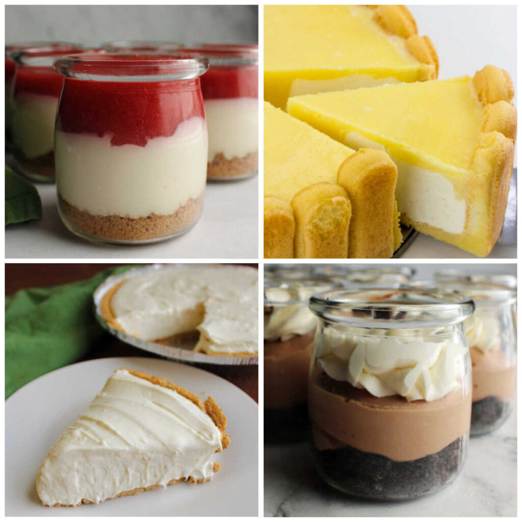 Collage of pictures of 4 different kinds of no bake cheesecakes.