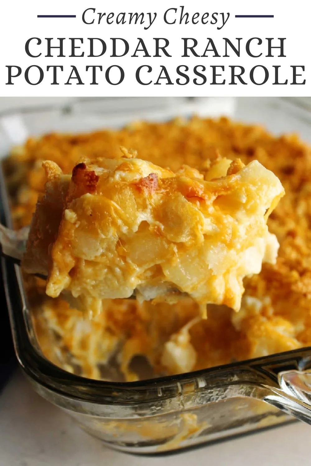 Creamy savory cheddar ranch cheesy potato casserole takes your favorite funeral potatoes and adds a hit of ranch to make it next level. This potato bake is perfect for parties, holidays or any kind of gathering.