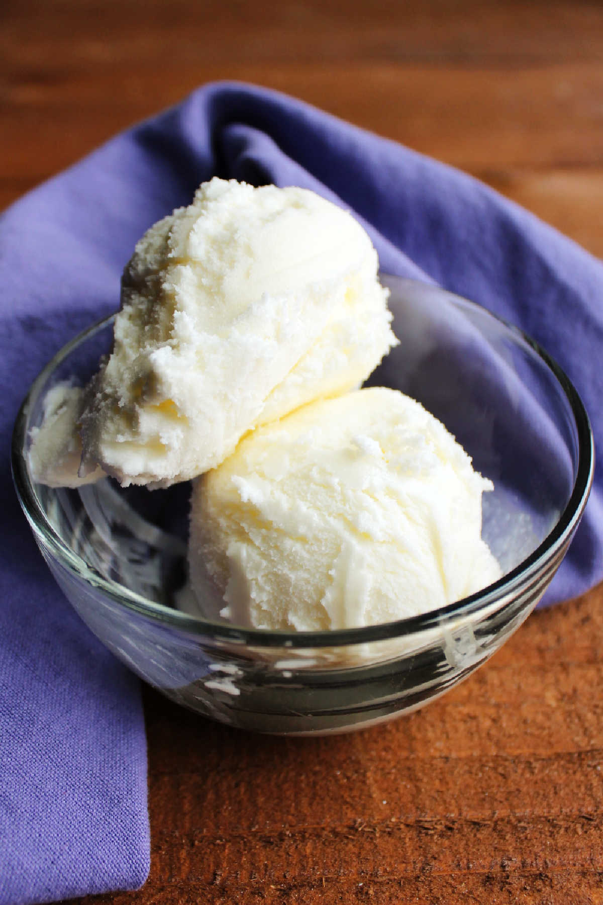 Glass bowl with two scoops of vanilla ice cream inside.