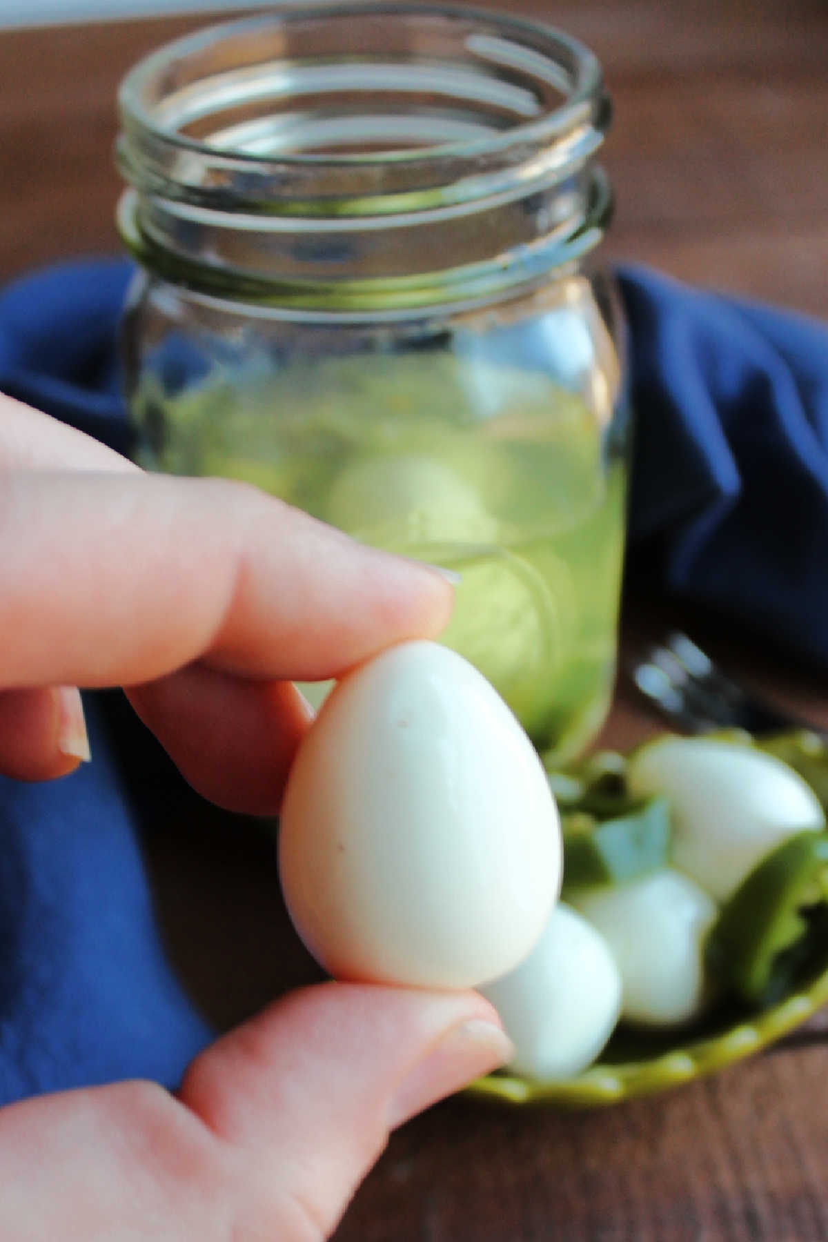 Hand holding small pickled quail egg.