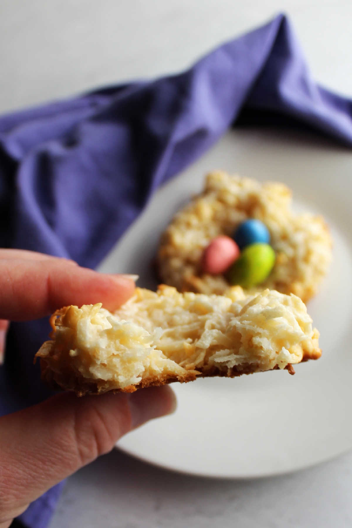 Coconut macaroon nest with a bite taken out showing the chewy center.