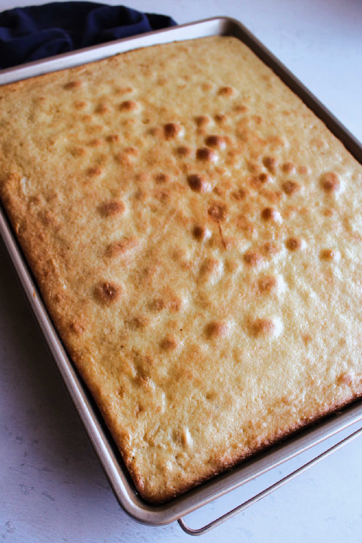 Golden brown vanilla cake in sheet pan fresh from the oven. 