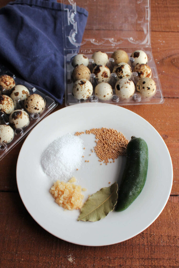 spices, a jalapeno pepper and a couple of cartons of quail eggs ready to be made into pickled eggs.